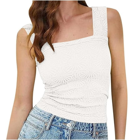 Womens Tank Tops Summer Sleeveless Blouses Shirts Tops Undershirt Square Neck Casual Wide Straps Slim Fit Bodycon Tanks Cami Shirts  White (XX-Large)