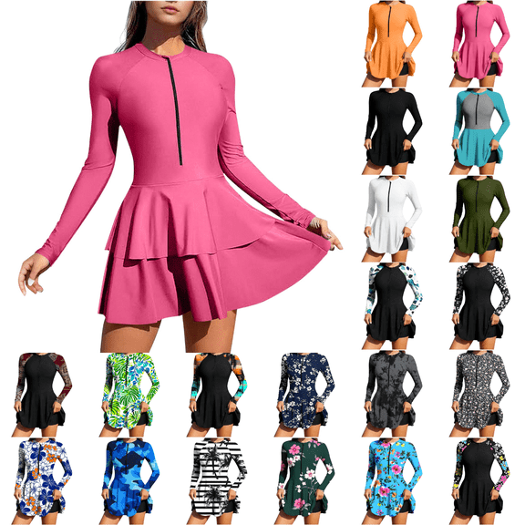 AHTJRT Women's One Piece Rash Guard Slimming Crewneck Long Sleeve Modest Bathing Suit Front Zipper Flounce Swimskirt Bodysuit Swimsuit Multicolor XXL
