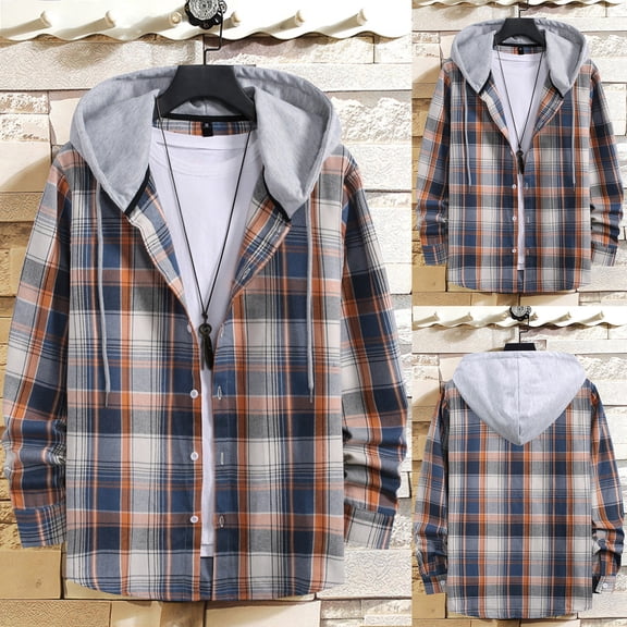 WWV Coat for Men Men’s Jackets Hooded Long Sleeved Button Drawstring Outerwear Plaid Trendy Jacket Loose Fit Anniversary Tops Khaki