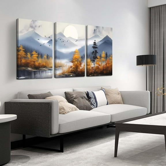 Hieng Mountain Wall Art for Living Room, Gold Tree Canvas Wall-Decor for Bedroom, Modern Forest Print Picture (only canvas)