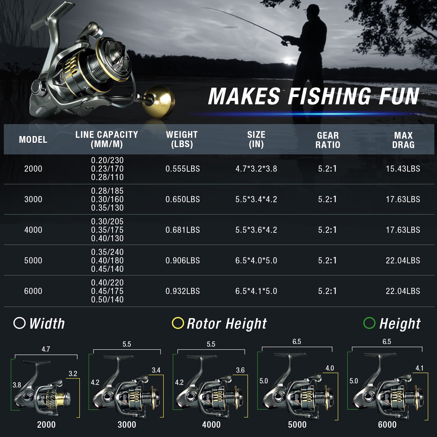 Ghosthorn Spinning Fishing Reel 13+1 Stainless BB CNC Aluminum Spool Fishing ReelS up to 22 LBS Max Drag for Saltwahter or Freshwater