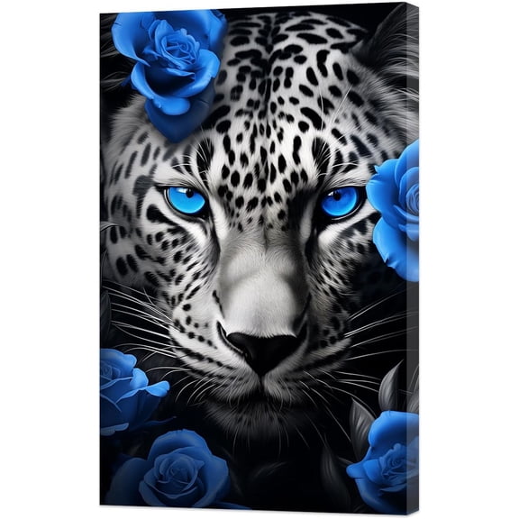 LZIMU Black and White Leopard Canvas Wall Art Wildlife Painting with Floral Blue Eyes Animal Flower Pictures Print Modern Office Home Decor Framed (12.00" x 18.00")