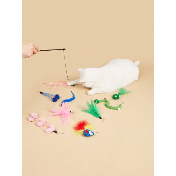 Cat Toy Set, 1 Stick & 3 Replaceable Heads Detachable Pet Amusement Toy, Featuring Real Feathers & Chicken Feathers