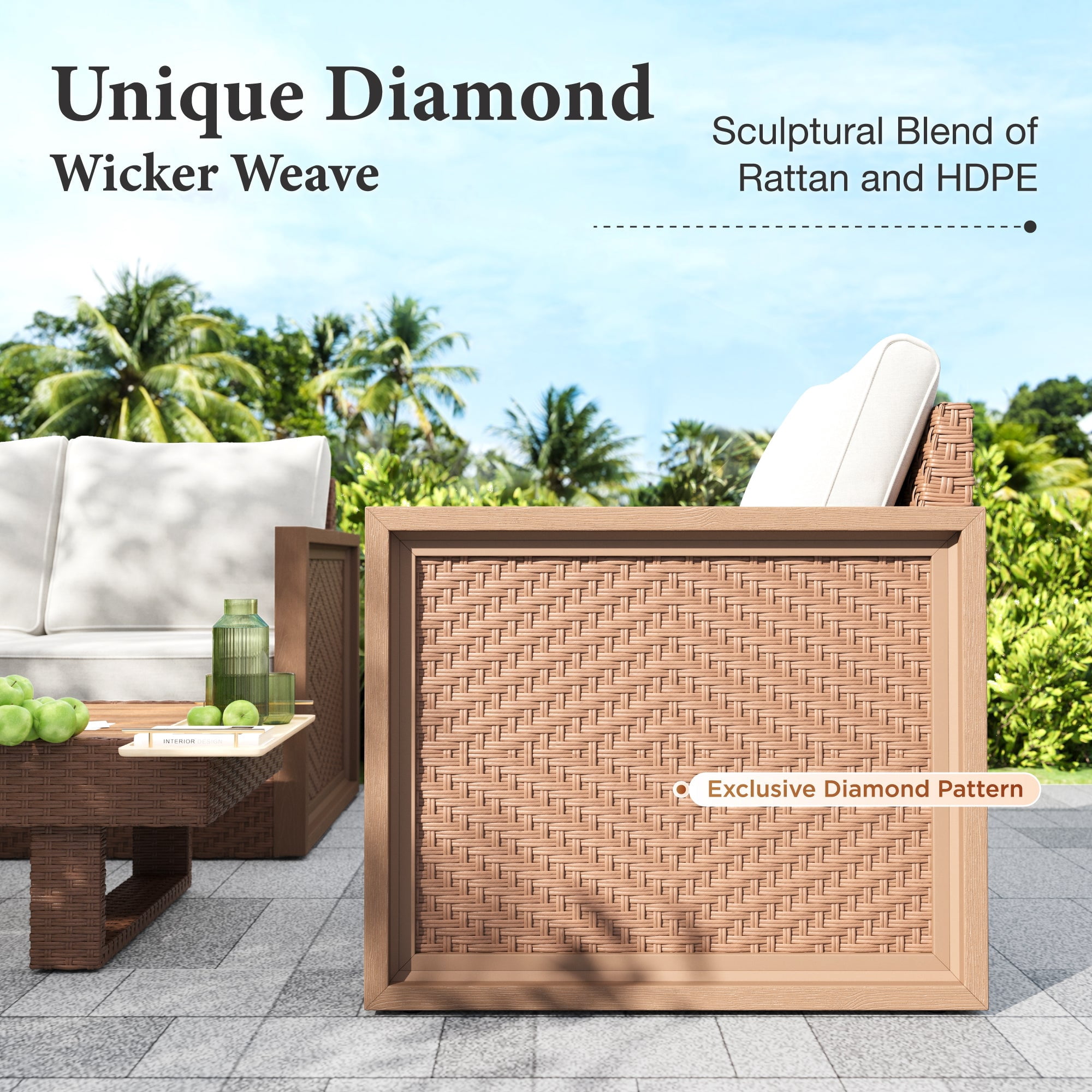 SUMMIT LIVING 4-Piece HDPE Outdoor Patio Furniture Set, Wicker Outdoor Patio Conversation Set with Wood-Grain Rattan Coffee Table, Beige