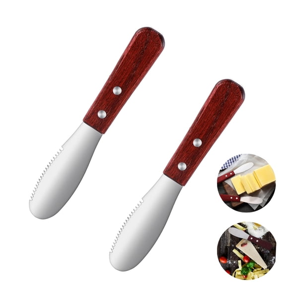 Set of 2 Wooden Handle Butter Spatula Reusable Butter Knife for Home Stainless Steel Cheese Spreader with Serrated Edges for Kitchen