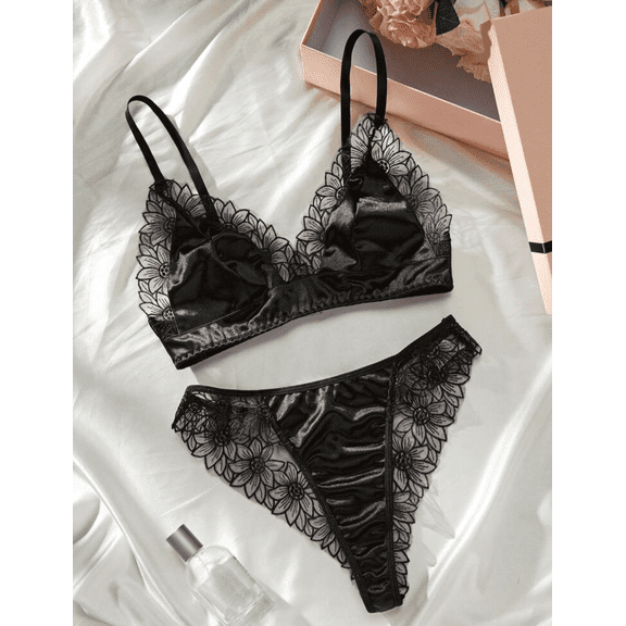 Silk Black Lingerie Set Embroidered Floral Trim
