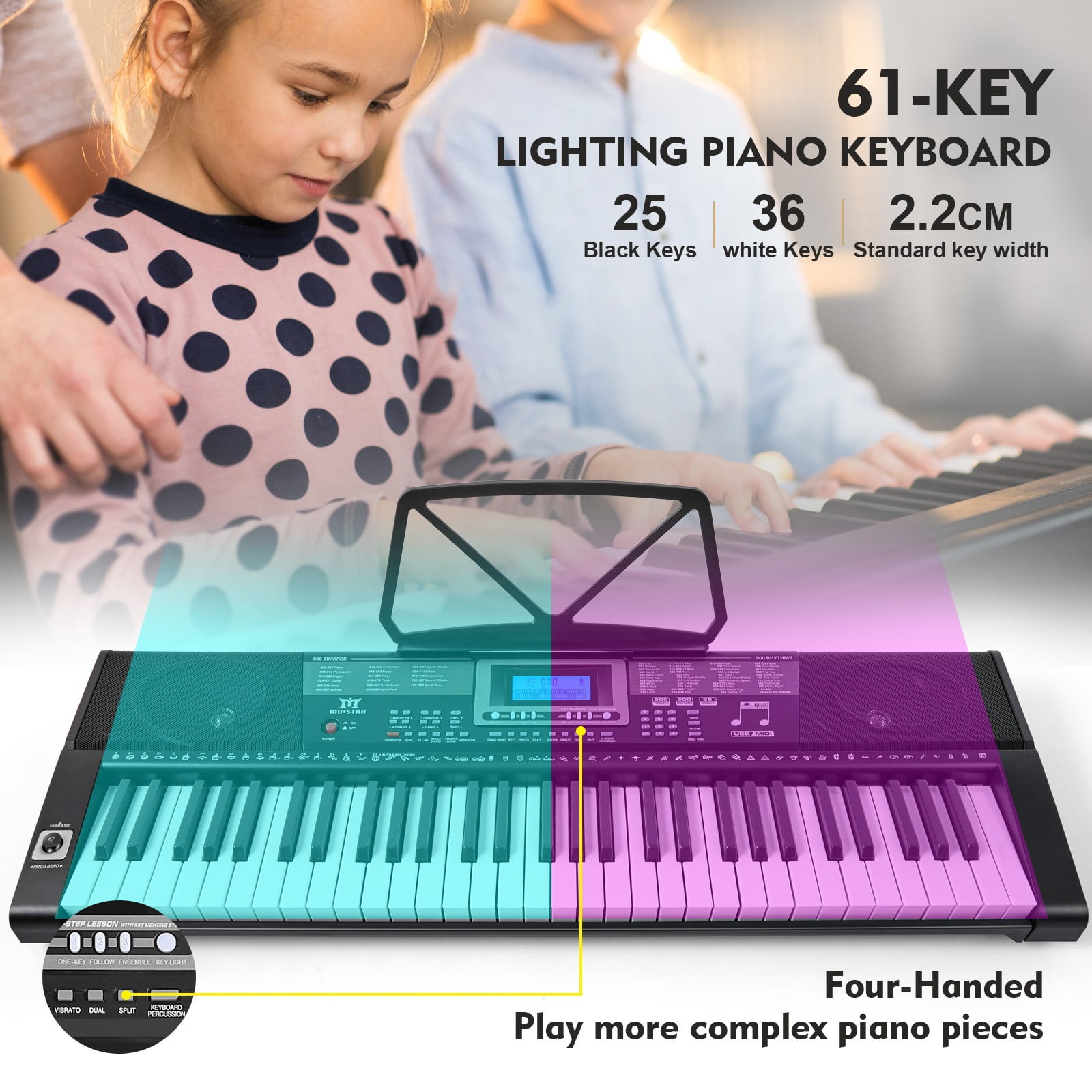 Mustar 61 Lighted Keys Electronic Keyboard Piano Set with USB MIDI, Headphones, Microphone, Sustain Pedal, Stand for Beginner