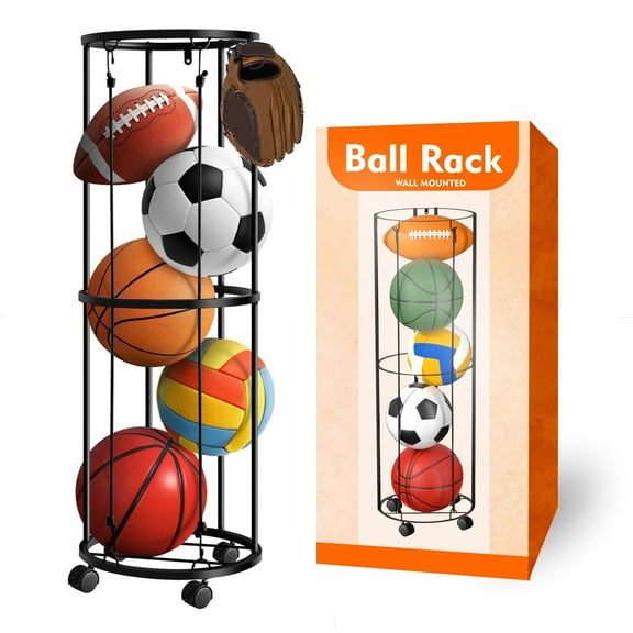 GAME ON 10 Vertical Ball Storage Rack Wheeled, Sports Equipment Organizer for Basketball, Volleyball, Soccer Balls - Heavy Duty Metal, Space-Saving Design, USA Design