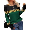 thumbnail image 3 of Women Autumn Winter Colorblock Pullover Sweaters Round Neck Striped Slim Fitting Knitwear Tops, 3 of 9