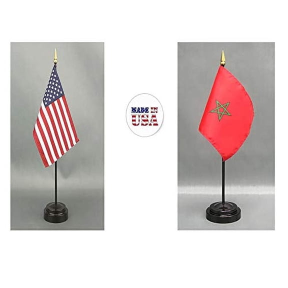 Made in The USA. 1 American and 1 Moroccan Rayon 4"x6" Office Desk & Little Hand Waving Table Flag, Includes 2 Flag Stands & 2 Small 4"x6" Mini Stick Flags