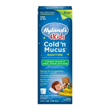 Hyland's 4 Kids Cold 'n Mucus Nighttime Relief Liquid, Natural Relief of Chest Congestion, Sleeplessness, Runny Nose, Sore Throat, Sneezing, Cough, 4 (Best Medicine For Sore Throat Stuffy Nose And Headache)