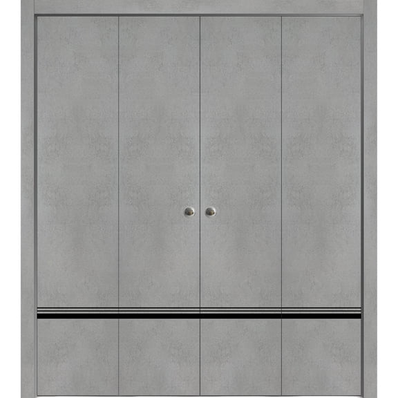Sliding Closet Double Bi-fold Doors | Planum 0012 Concrete with Frosted Glass | Sturdy Tracks Moldings Trims Hardware Set | Wood Solid Bedroom Wardrobe Doors