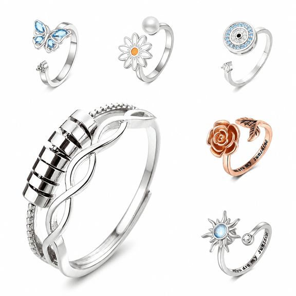 AURENIX 2026 New 6-Pack Adjustable Spinner Rings for Women - Rotatable Floral Design (Rose,Daisy,Butterfly) Anxiety Relief Jewelry,Stress Reduction Fidget Rings with Adjustable Opening