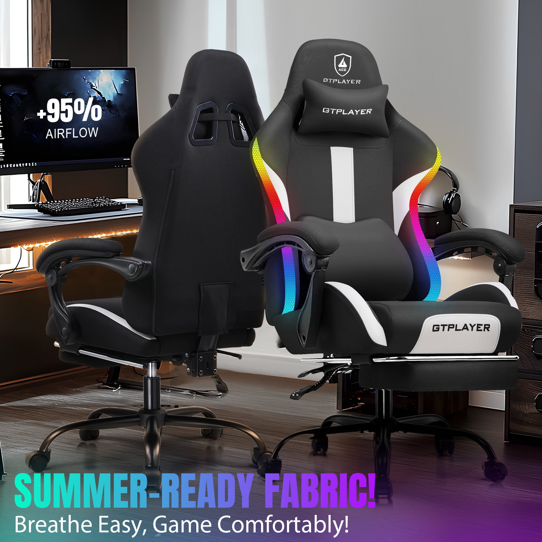 GTRACING RGB Gaming Chair with  Racing Style RGB LED Lights & Foot Rest , Breathable Fabric Ergonomic Computer Chair for Home Office Desk