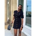 thumbnail image 4 of Knitted Dress Women'S Elegant Short Sleeves Round Neck Fake Pockets Single Breasted A-Line Dress Black S, 4 of 8