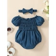 thumbnail image 3 of Licupiee Newborn Baby Girl Denim Dress Romper, Short Sleeve Off Shoulder Pleated Summer Short Jumpsuit + Headband Set, 3 of 7