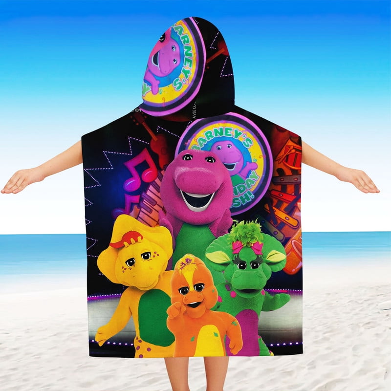Barney & Friends Hooded Poncho Towels, Soft & Absorbent Microfiber Beach Towel, Swimming Pool Changing Robe Bathrobe Bath Towel