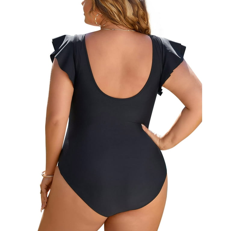 Chama Plus Size One Piece Swimsuit for Women Tummy Control Ruffle Bathing  Suit Vintage V Neck Swimwears