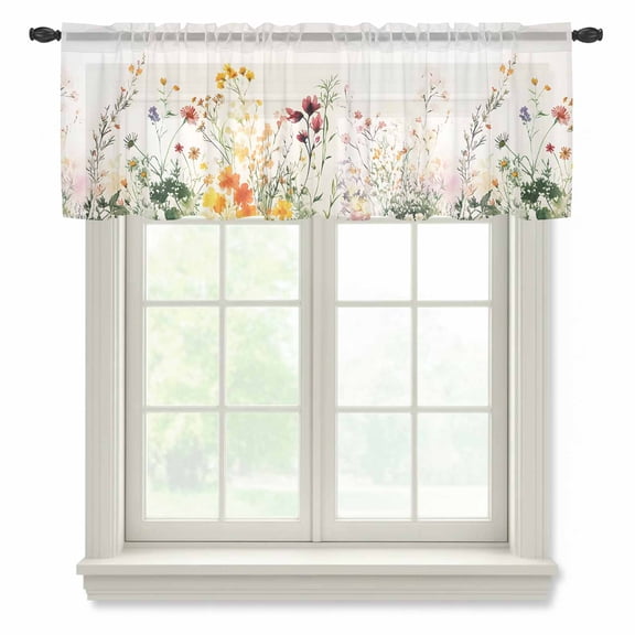 Beige Floral Spring Valance Curtains for Kitchen/Living Room/Bathroom/Bedroom Window, Rod Pocket Small Topper Half Short Window Curtains Voile Sheer Scarf, Vintage Farmhouse Flowers 54"x18"