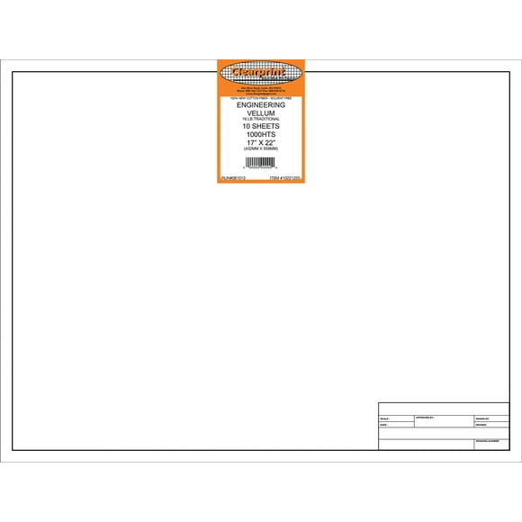 Clearprint Feuilles de Vélin Design 1000H avec Bloc de Titre Ingénieur, 16 lb, 100% Coton, 17 x 22 Pouces, 10 Feuilles par Pack, Blanc Translucide (10221220))