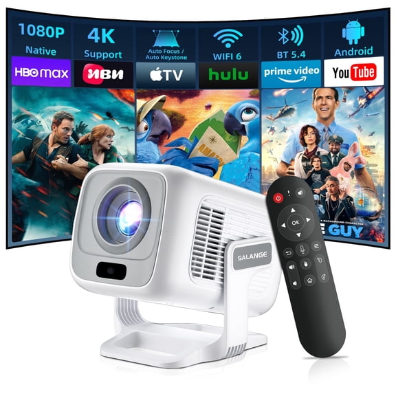 Smart Projector, Salange 1080P Mini Projector with WiFi and Bluetooth Support 4K, 90° Rotatable Portable Outdoor Movie Projector for Home Theater, Compatible with iPhone, Android, Laptop, PC, TV Stic
