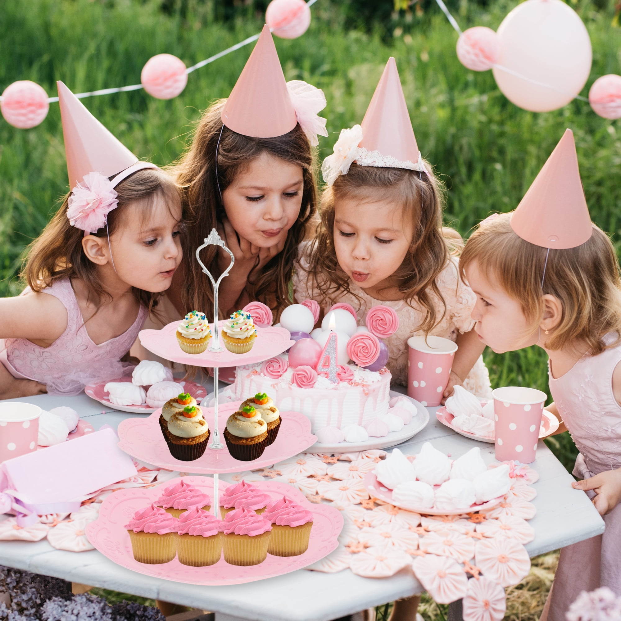 Unique Bargains 3 Tier Dessert Cupcake Stand Holder Round Cup Cake Tower Pink