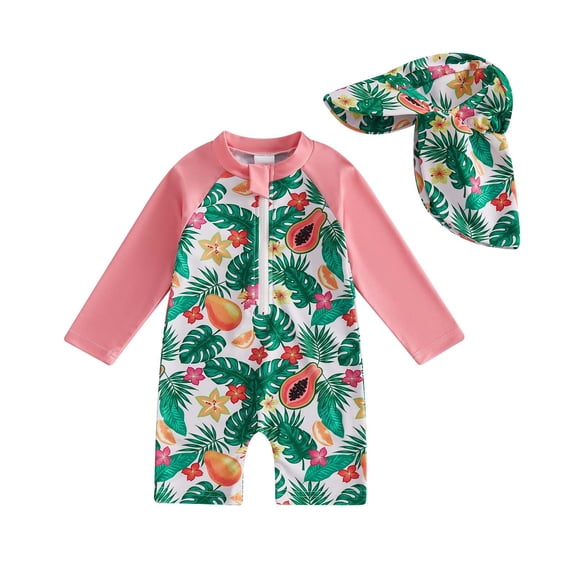 Tfken Summer Boys Kids Cute Swimwear Set Outfits For Two Piece Long Sleeve Hawaii Print Onesie With Hats Set Zipper Swim Beach Swimsuit Children Soft Bathing Suits Red