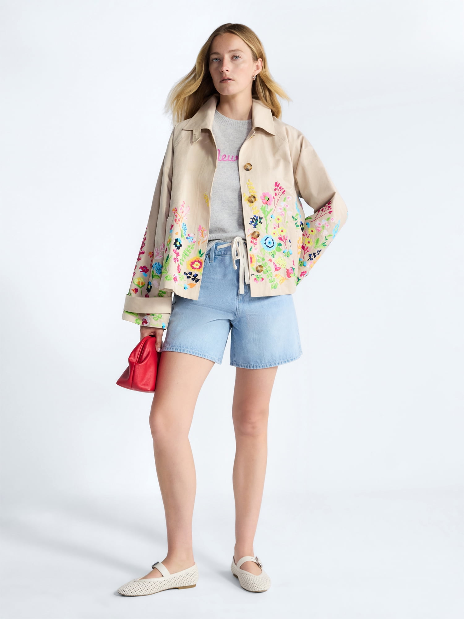 Free Assembly Women's and Women's Plus Short Embroidered Trench Coat, Sizes XS-4X