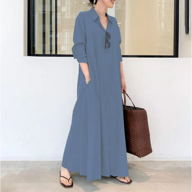IDALL Robes Maxi, Robes Décontractées pour Femmes, Robe Chemise Longue en Coton et Lin avec Poches, Manches Longues, Robes Longues, Robes pour Femmes Bleues 2 Robes 5TG