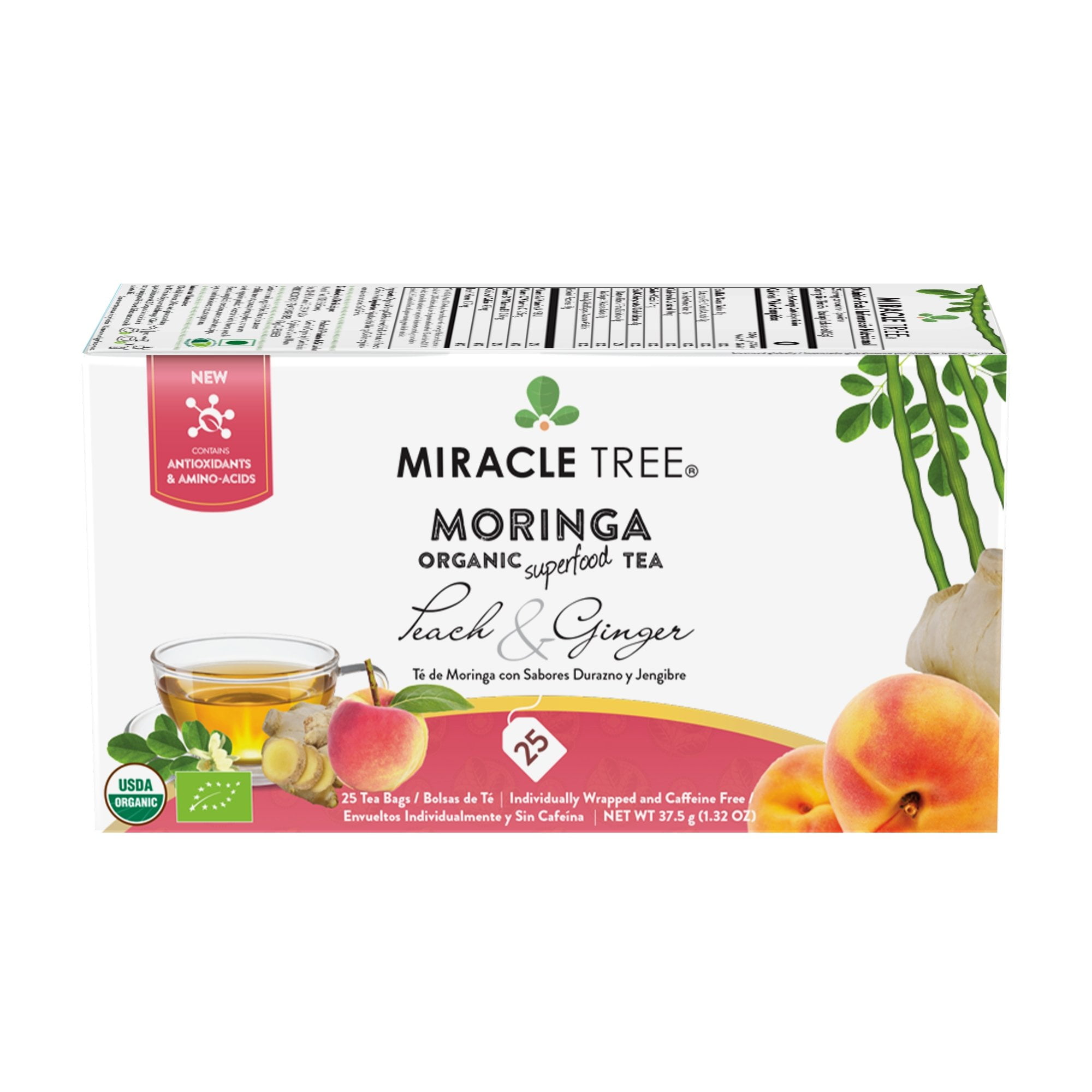 Miracle Tree Organic Superfood Herbal Moringa Tea, Peach & Ginger, 25 Enveloped Tea Bags, 6 Count