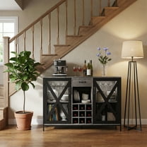 Zcargel Wine Cabinet with Motion Sensor LED Lights Metal Frame Liquor Storage Cabinet with Drawer & Wine Glass Racks Vintage Bar Cabinet for Kitchen/Dining Room/Bar Dark Grey