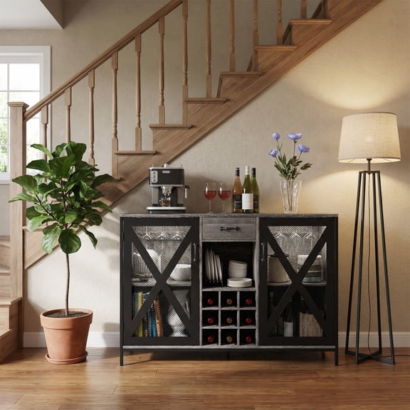 Zcargel Wine Cabinet with Motion Sensor LED Lights Metal Frame Liquor Storage Cabinet with Drawer & Wine Glass Racks Vintage Bar Cabinet for Kitchen/Dining Room/Bar Dark Grey