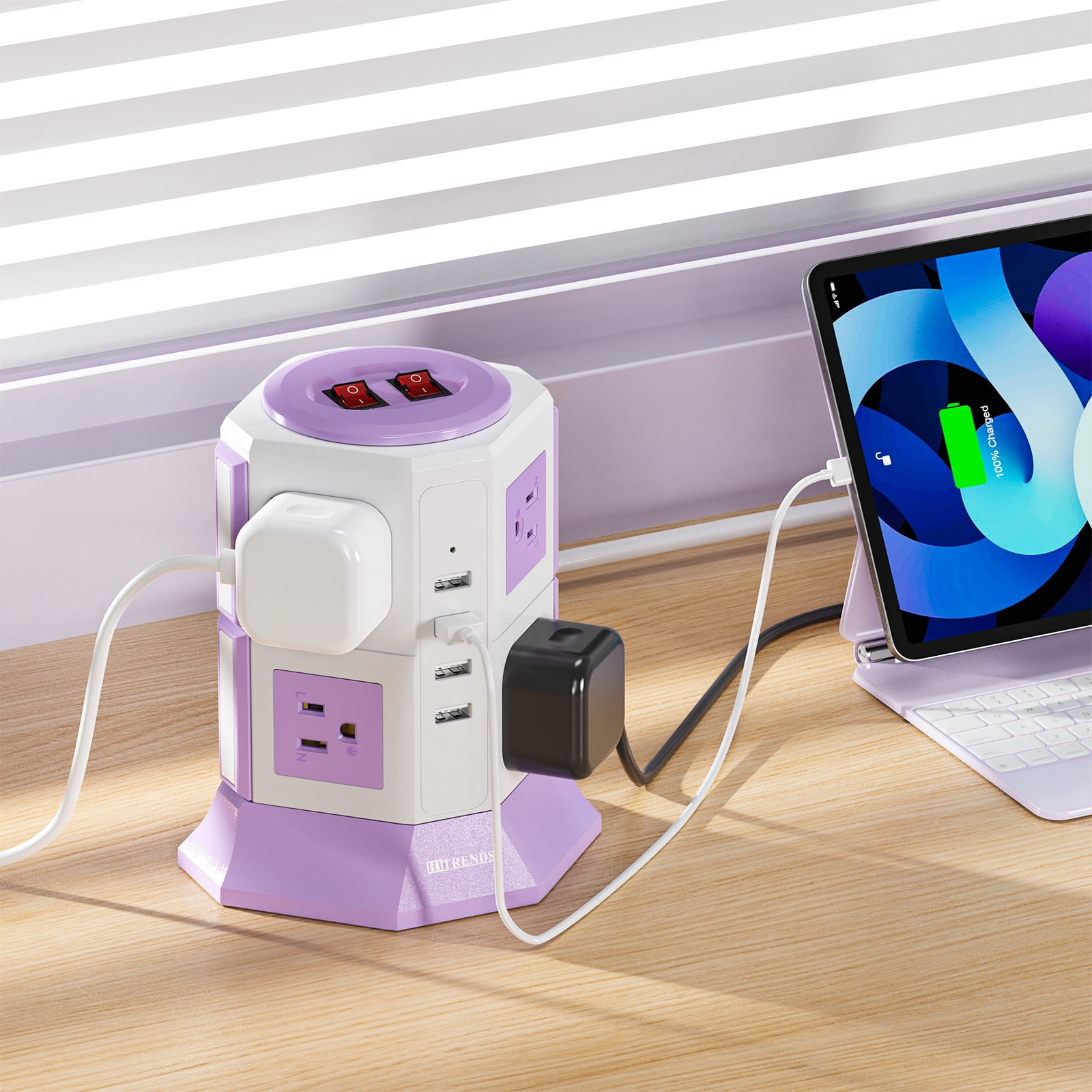 HITRENDS Surge Protector Power Strip Tower with 8 Outlet 4 USB Ports, 6.5ft Power Cord  Electric Charging Station, Purplish-white