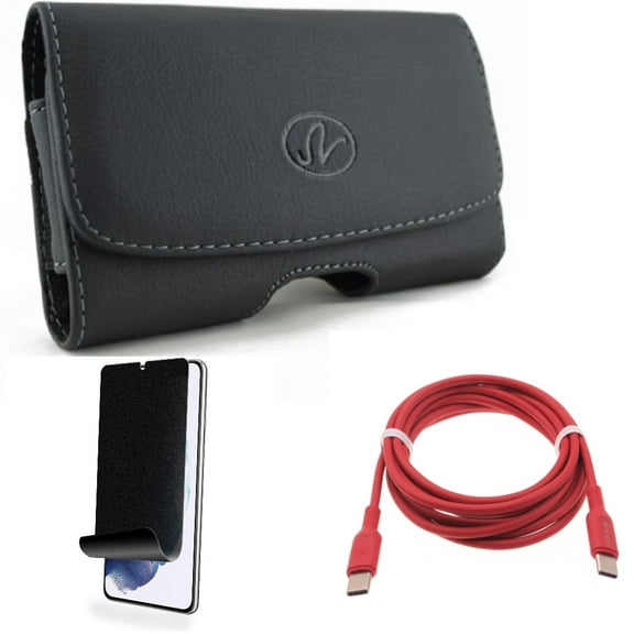 For Samsung Galaxy S21 (6.2") - PD Fast Charger USB-C to Type-C Red 6ft Long Cable   [Fingerprint Works] TPU Film Privacy Screen Protector   Swivel Leather Case Belt Clip