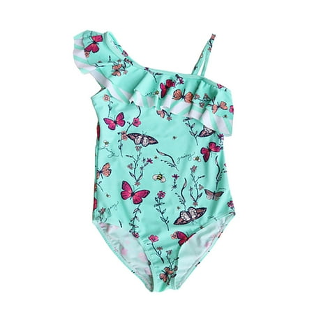

Rovga Swimsuit For Girls Butterfly Print One Piec Swimsuit Summer Chest Peplum Edge Suspender