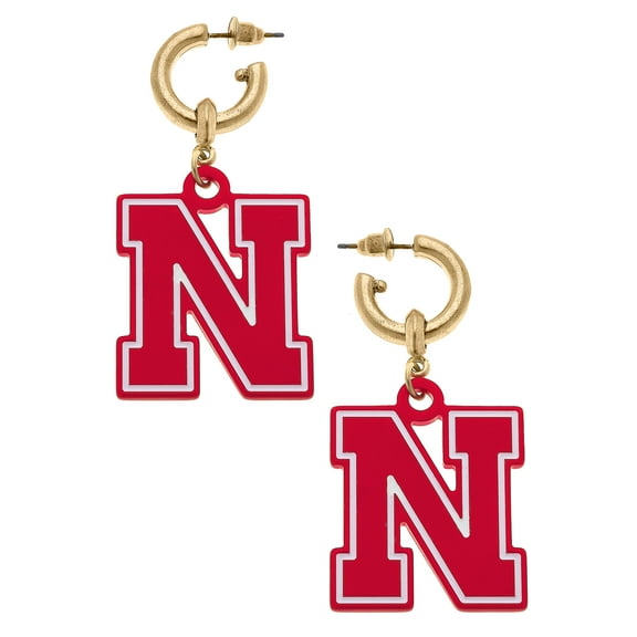 Women' CANVAS Style Nebraska Huskers Resin Logo Drop Hoop Earrings