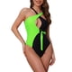 thumbnail image 1 of Conjunto de bikini monokini de bloque de color cruzado INSPIRE CHIC para mujer, traje de baño de una pieza con anillo en O y lazo lateral, mediano, negro y verde, 1 of 5
