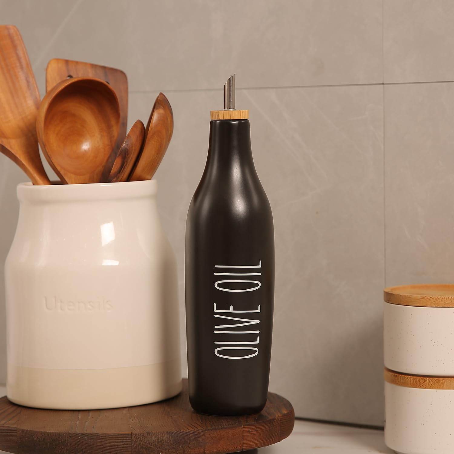 Ceramic Oil & Vinegar Dispenser Bottle Black-Oil 16oz Modern Farmhouse Kitchen Use