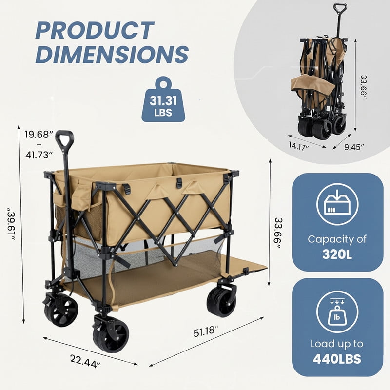 Double Decker Folding Wagon, 440lbs Heavy Duty 2 Tier Utility Cart with 320L Capacity, Collapsible Wagon with All-Terrain Wheels & Brakes for Camping, Beach, Fishing, Grocery, Gray