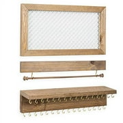 Ilyapa Wall Mounted Horizontal, 3 Piece Jewelry Organizer with Shelf, Rustic Wood - Jewelry Hanger Rack Set - Earring, Bracelet & Necklace Holder