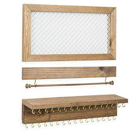 Ilyapa Wall Mounted Horizontal, 3 Piece Jewelry Organizer with Shelf, Rustic Wood - Jewelry Hanger Rack Set - Earring, Bracelet & Necklace Holder