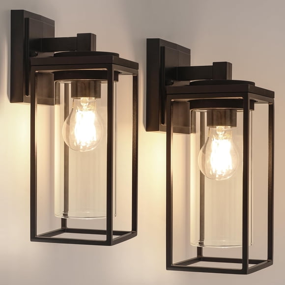 LUTEC 2 Pack Outdoor Wall Light Fixtures, Exterior Waterproof Lanterns with Aluminum Frame and Clear Glass Shade, Modern Matte Black Wall S