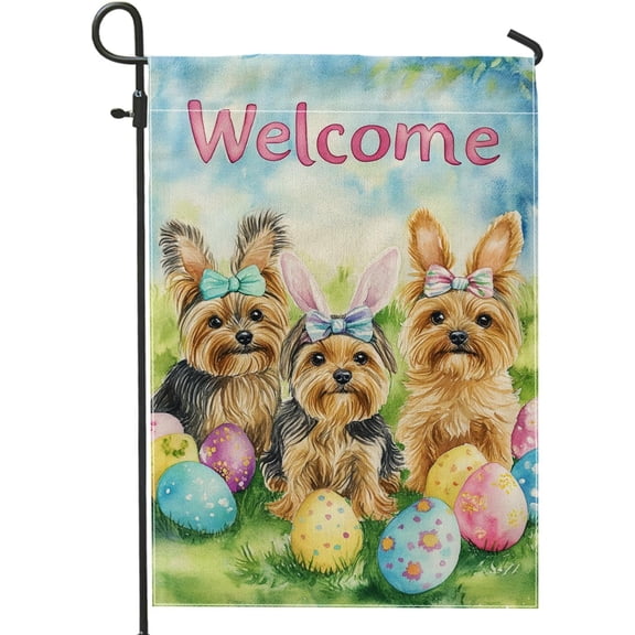 Welcome Easter Garden Flag, Yorkie Dog Design with Bows and Colorful Eggs, Double-Sided Outdoor Lawn Decor, 12 x 18 Inch