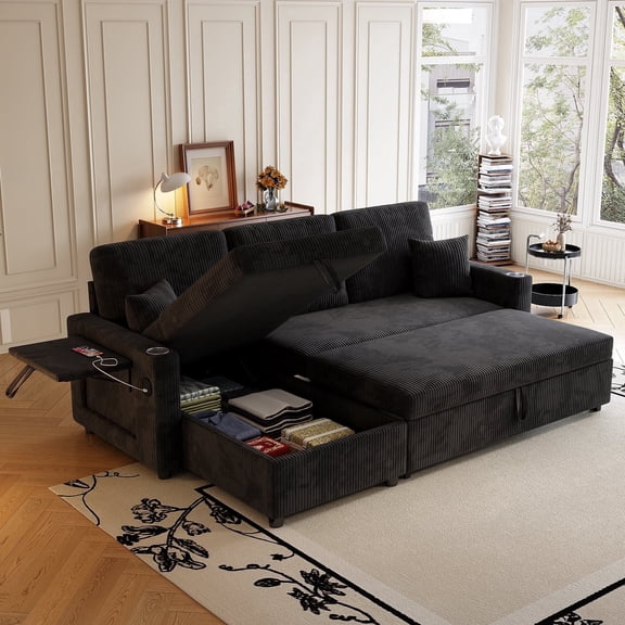 83" Sectional Sleeper Sofa with Pull Out Couch Bed, Convertible L Shaped Sofa with Storage Chaise, USB Charging Ports, Cup Holders & Side Pocket for Living Room or Apartment(Black, Corduroy)