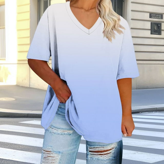 Ovbmpzd Women's Tops Sky Blue Plus Size Short Sleeve V-Neck Gradient Color Comfy Blouses Tank Tops for Women XXXXL