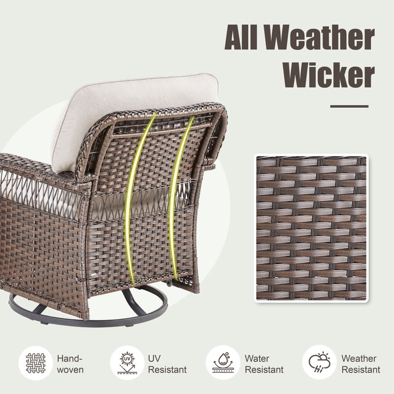 6 Piece Outdoor Wicker Furniture Sets,Patio All Weather Cushioned Conversation Sets with Swivel Rokcing Chairs, Ottomans and Sie Table for Backyard Porch Garden,Beige
