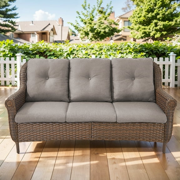 Behousewell Patio Couch Outdoor Wicker Sofa,Rattan Rattan Wicker 3-Seat Sofa High Back Couch with Premium Cushions for Garden Backyard Porch Poolside