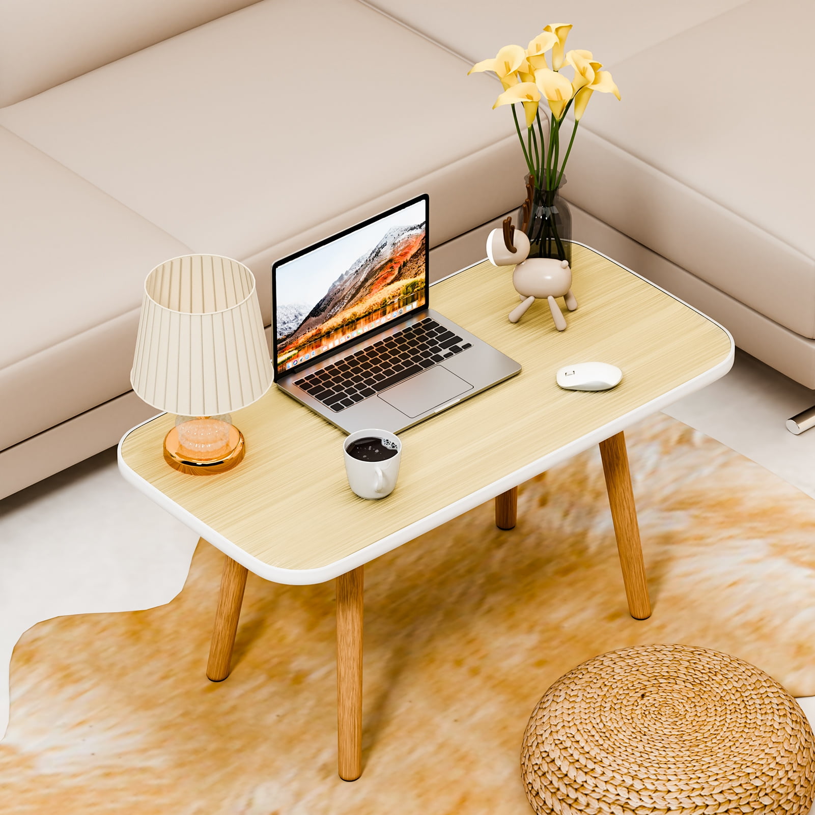 Andvari Modern Wood Coffee Table Rectangle Living Room Solid Legs Wood Grain Easy Assembly