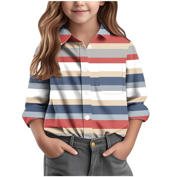 Zpanxa Girls Long Sleeve Striped Button Down Shirts Colorful Collared Top with Chest Pocket Regular Fit Daily Wear Blouse Long Sleeve Shirts for Girls