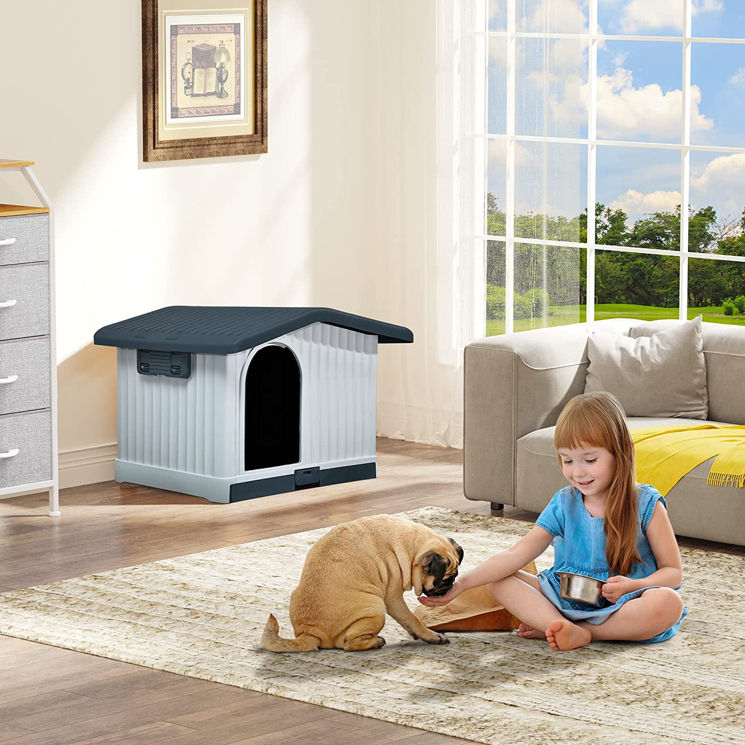 Dextrus Large Plastic Dog House with Liftable Roof, Indoor Outdoor Doghouse with Detachable Base and Adjustable Bar Window, Water Resistant Easy Assembly,34.6''L*29.1''W*24.2''H,Gray